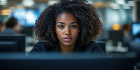 A young woman with a confident expression observes her computer screen attentively amidst a bustling office environment filled with coworkers, indicating a collaborative atmosphere
