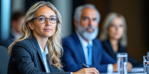 Obraz premium A group of professionals engaged in a meeting within a sleek conference room. They appear concentrated, sharing insights and ideas while taking notes