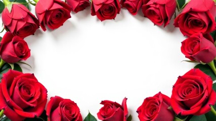 white background surrounded by red roses