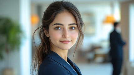 Naklejka premium Pakistani businesswoman wearing blue smart-casual smiling at office activity