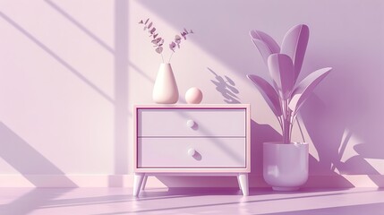 Clean linear icon of a contemporary nightstand in soft lavender, elegant lines, and chic design.