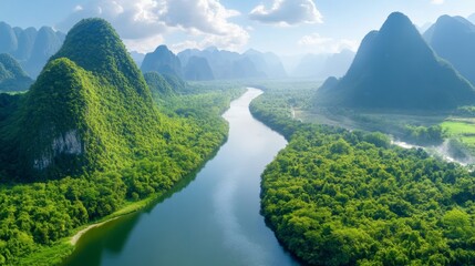 Fototapeta premium Serene River Winding Through Lush Green Mountains Stunning Aerial View of Natural Landscape