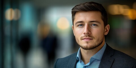 A professional young man stands confidently in a modern office setting filled with natural light. His sharp suit and focused expression convey determination and professionalism