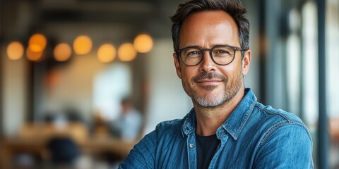 Obraz premium A man in a denim shirt and glasses smiles confidently while standing with crossed arms in a contemporary cafe filled with warm lighting. Patrons enjoy their drinks in the background