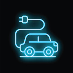 Blue neon sign of an electric car charging, representing sustainable transportation and clean energy
