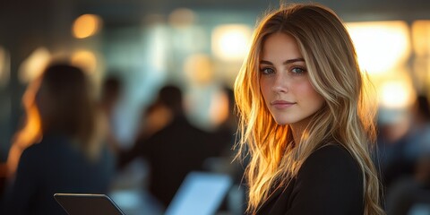 A woman with flowing hair looks directly at the camera, holding a tablet. The warm glow of the sunset streams through an office filled with people working