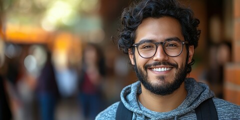 Fototapeta premium Brightly lit environment features a young man with curly hair and glasses wearing a hoodie. He smiles warmly at the camera while others engage in conversation in the background