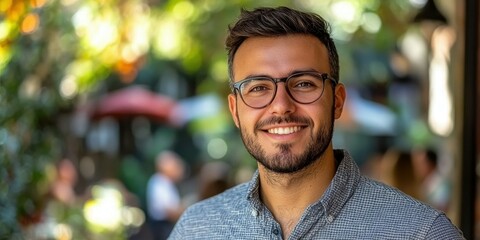 Fototapeta premium A cheerful young man wearing glasses poses confidently outdoors in a lively urban environment filled with plants and patrons enjoying their day. The scene captures a sense of warmth and friendliness