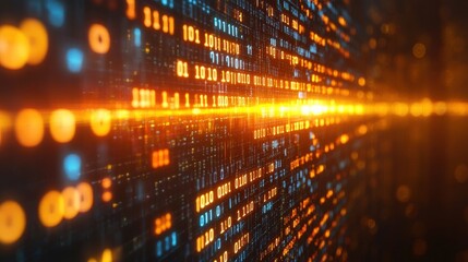 Abstract digital data stream with binary code and glowing lines in a futuristic environment