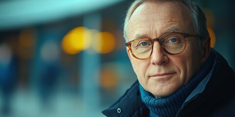 Fototapeta premium A mature man wearing glasses and a warm sweater stands outside on a cool day, exuding a calm demeanor. The urban backdrop features soft lights and indistinct figures passing by