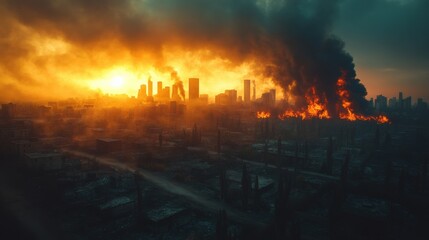 Urban Landscape Engulfed in Flames During Sunset. Generative AI