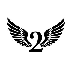 Obraz premium Winged Number 2 Black Logo Design, Black number 2 with symmetrical wings, creating a bold and stylish logo. Ideal for branding, aviation, teamwork, sports, or creative identity. 