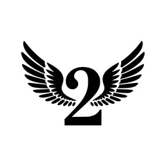 Fototapeta premium Winged Number 2 Black Logo Design, Black number 2 with symmetrical wings, creating a bold and stylish logo. Ideal for branding, aviation, teamwork, sports, or creative identity. 