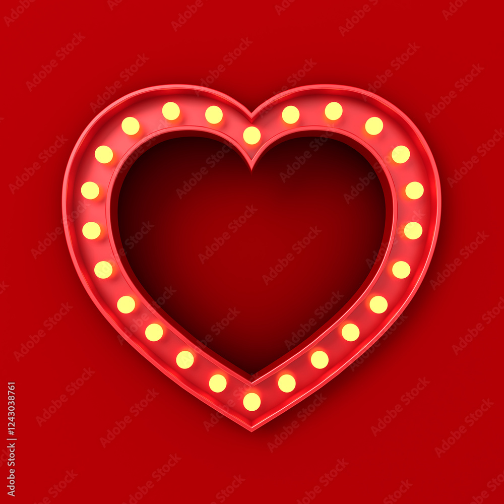 Poster blank retro love heart shape billboard sign hole frame with glowing yellow neon light bulbs isolated