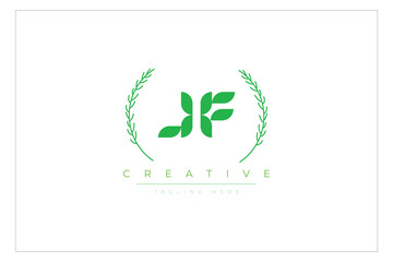 JF letters eco logo with leaf. Fresh nature and healthy leaf logo design.