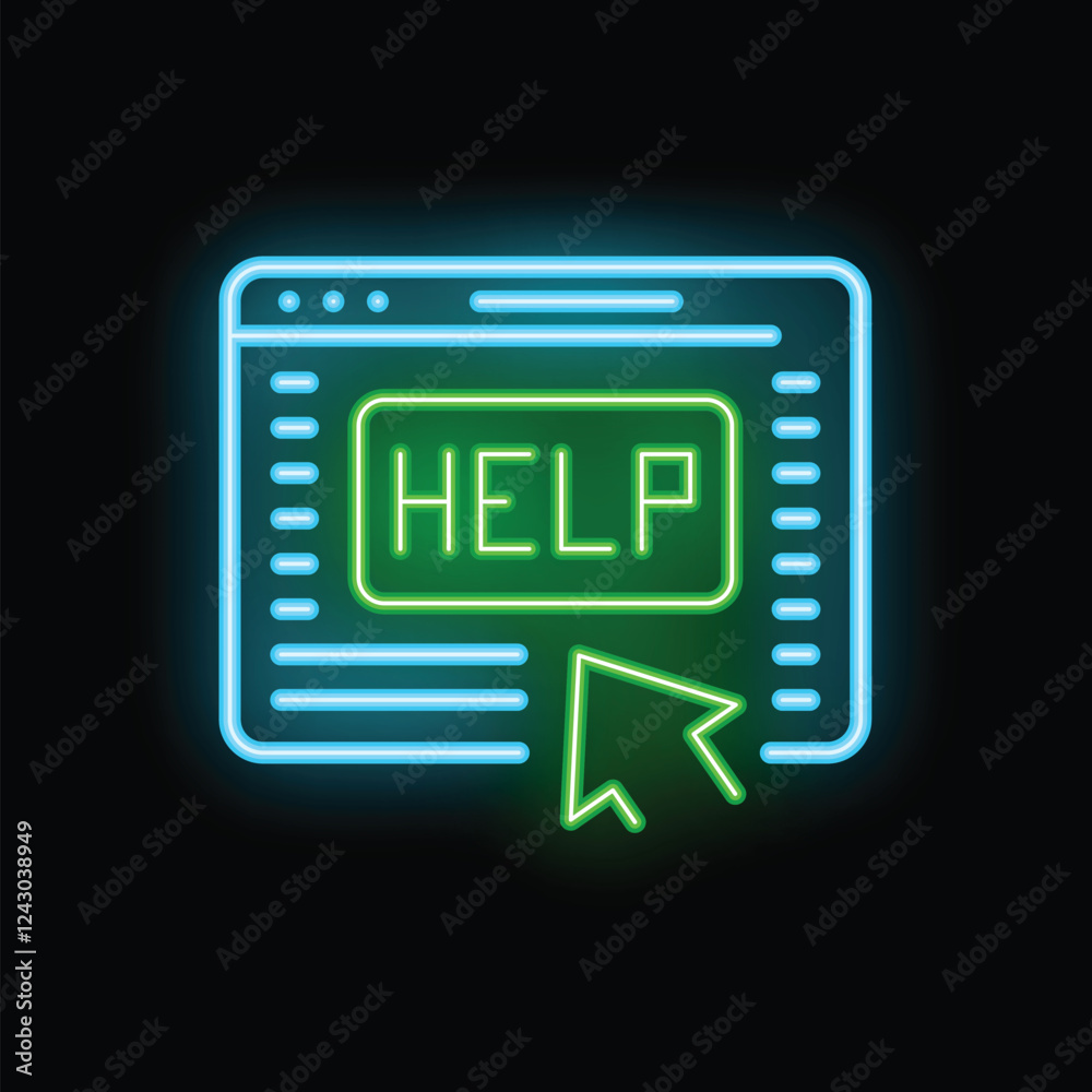 Poster neon sign of a website with a help button being clicked by a mouse cursor