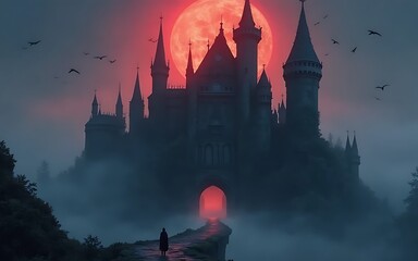 A massive gothic castle looms over a fog-covered mountain, illuminated by the eerie glow of a blood-red full moon. The castle's spires pierce the sky, covered in creeping ivy and ancient gargoyles