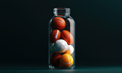 Creative Sports Ball Collection in Glass Jar: A Visual Representation of Diverse Athletic Pursuits and Team Spirit
