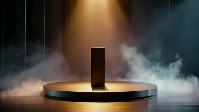 Dark minimalist studio with a spotlight illuminating a black rectangular object on a circular platform, surrounded by fog.