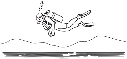single line art scuba divers on white background vector illustration