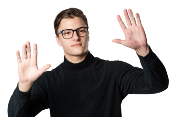 Man touching invisible screen png with both hands mockup