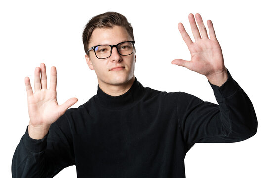 Man touching invisible screen png with both hands mockup - Powered by Adobe
