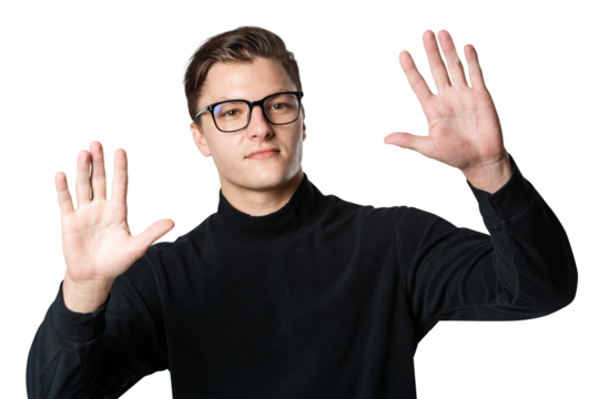 Man touching invisible screen png with both hands mockup