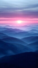 Obraz premium A serene view of rolling blue mountains at sunset, with a soft gradient of pink and purple hues lighting up the sky, creating a tranquil and peaceful atmosphere.