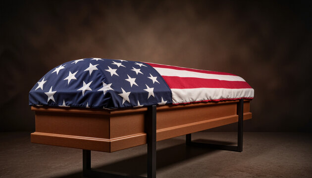 Polished wooden coffin draped with an American flag in a quiet memorial hall, respectful atmosphere