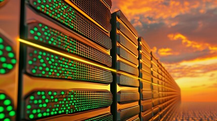 Golden Server Racks at Sunset Abstract Data Center Image