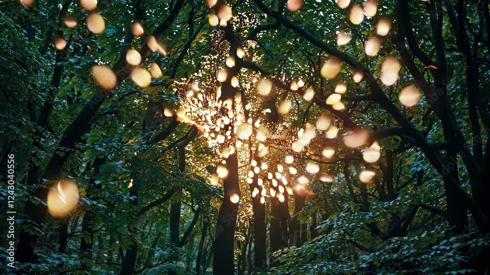 Fototapete a glowing golden light radiating through tree branches with floating firefly-like particles.