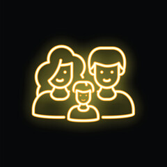 Yellow glowing neon icon of a family standing together, representing family values, happiness, and togetherness