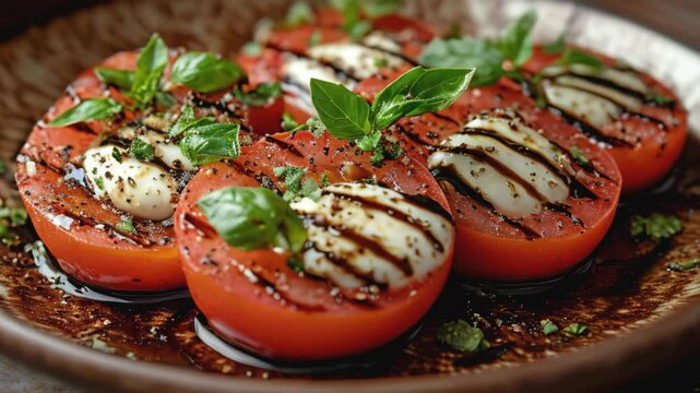 Caprese salad with ripe tomatoes, fresh mozzarella, and basil leaves drizzled with balsamic glaze on a rustic plate. Italian cuisine and gastronomic tour concept. Culinary video blog