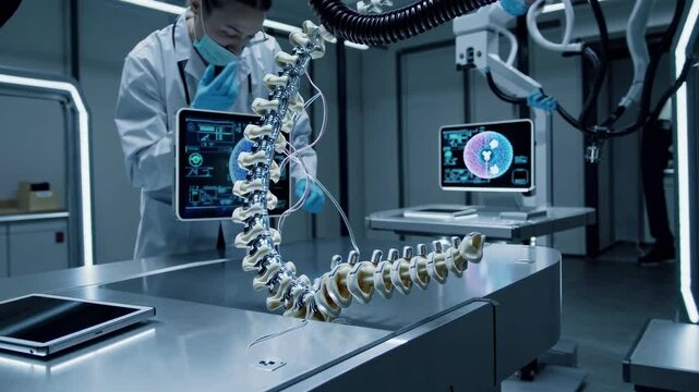 Exploration of advanced spinal surgery techniques in a modern medical facility with digital enhancements