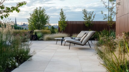 Obraz premium Serene Rooftop Oasis: Modern Design Meets Urban View