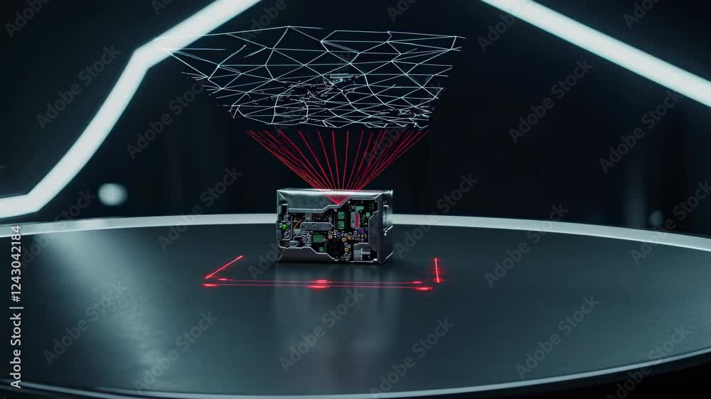 Poster exploring advanced technology with laser projection and circuit design in a sleek lab environment