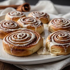 Fototapeta premium A plate of freshly baked cinnamon rolls with icing drizzled on top. cinnamonFreshly baked cinnamon rolls drizzled with icing, arranged on a baking tray. 