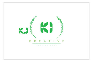 KI letters eco logo with leaf. Fresh nature and healthy leaf logo design.