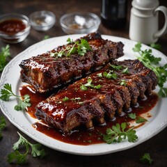 Grilled medium rib eye steak with rosemary and pepper on plate.
Onion Cevapcici Food Kebabs meat skewers with rice
