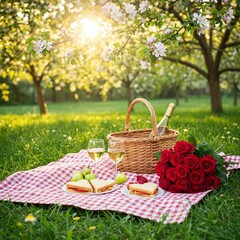 A picnic blanket spread out with heart-shaped sandwiches, a bottle of wine, and a bouquet of roses, under a canopy of blooming trees.