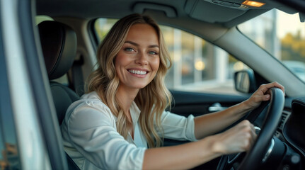 Naklejka premium Smiling woman driving. Happy female driver. New car owner. Automotive joyride.