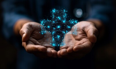 A businessman engaging with a blue plus sign symbolizes a positive mindset, mental health care, and insurance for mental rejuvenation and positive thinking