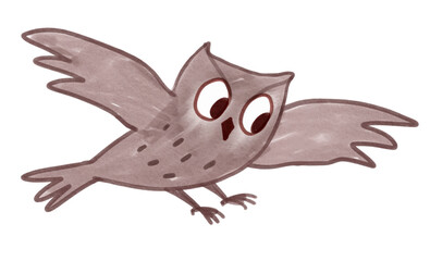 Felt pen hand drawn vector illustration of child drawing of adorable cute flying owl