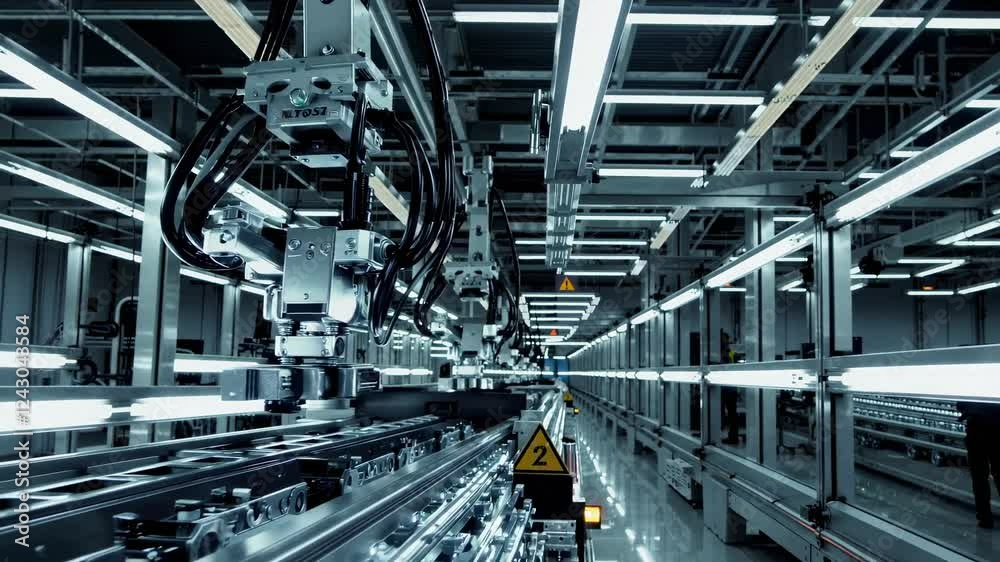 Poster high-tech automation in modern manufacturing facility showcasing robotic assembly and efficient work