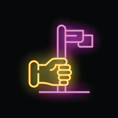 Neon sign of a hand holding a flag on a black background