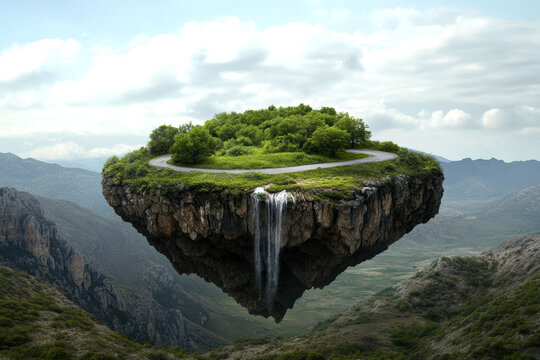 A breathtaking floating island with lush greenery and a winding road offers a serene escape.