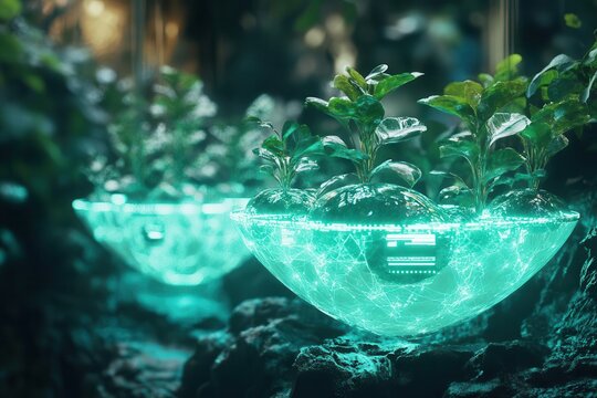 futuristic bioluminescent garden with floating holographic plant data displays, crystal pods nurturing seedlings amid soft teal light and translucent digital interfaces