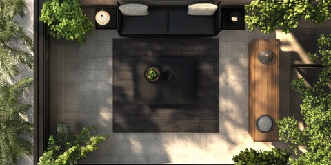 Modern minimalist patio design with lush greenery and seating