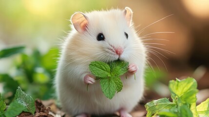 Adorable White Hamster Enjoying Fresh Mint in a Lush Garden