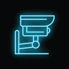 Blue neon icon of a security camera glowing on a dark background